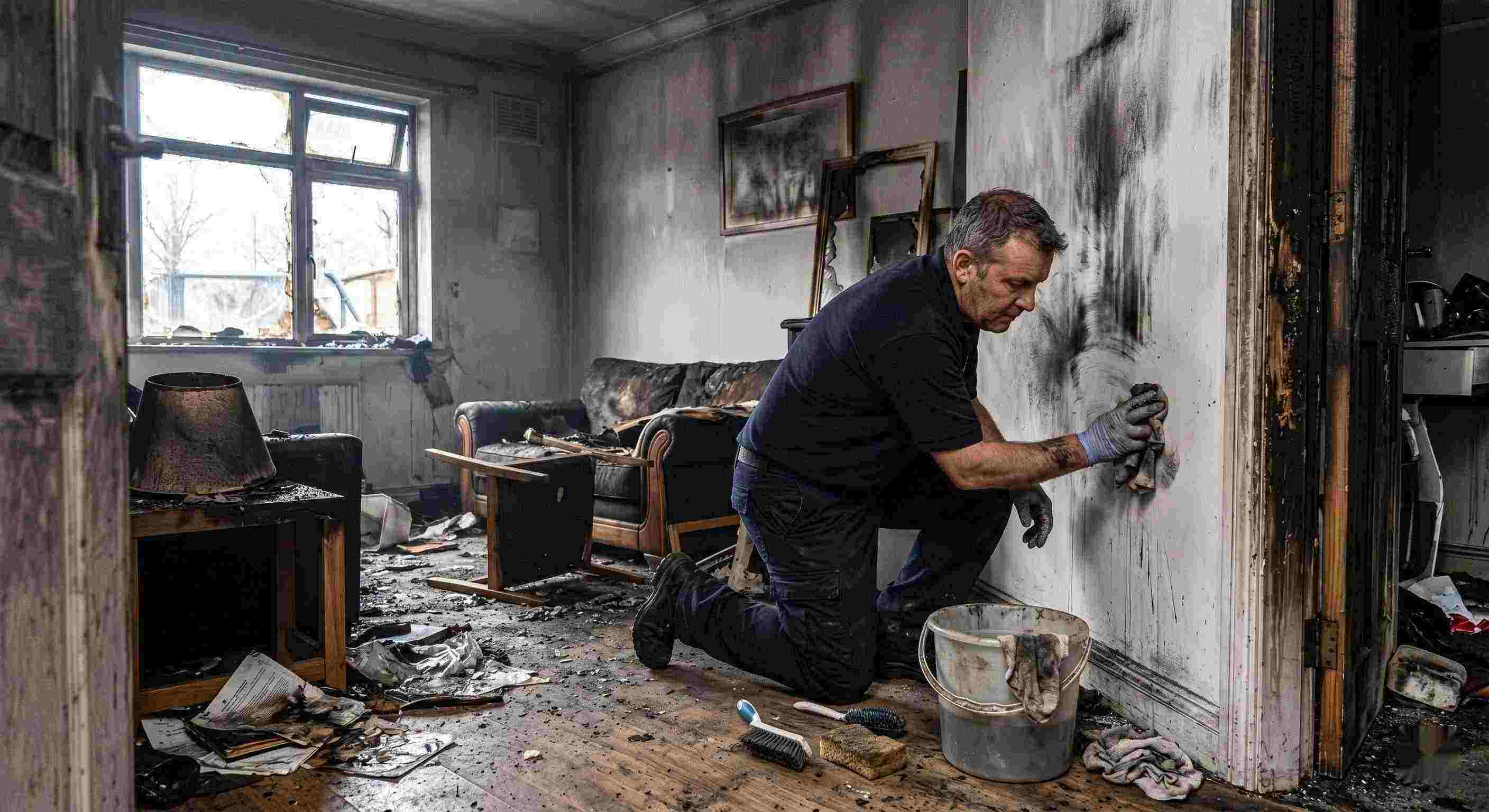 Technician performing soot removal in a fire-damaged home in Tucson, restoring smoke-damaged walls and surfaces.