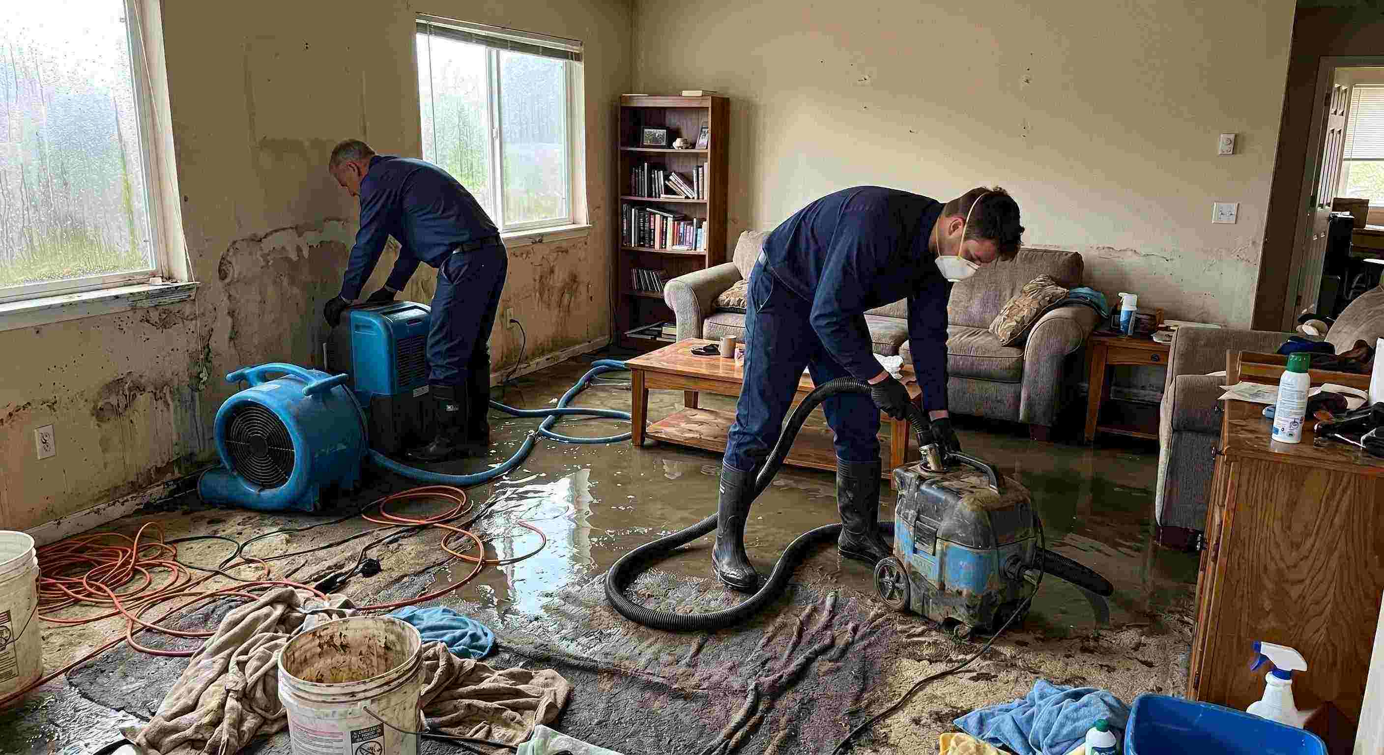 Local storm water damage cleanup in a residential home showing technicians removing standing water and setting up drying equipment in Yuma.