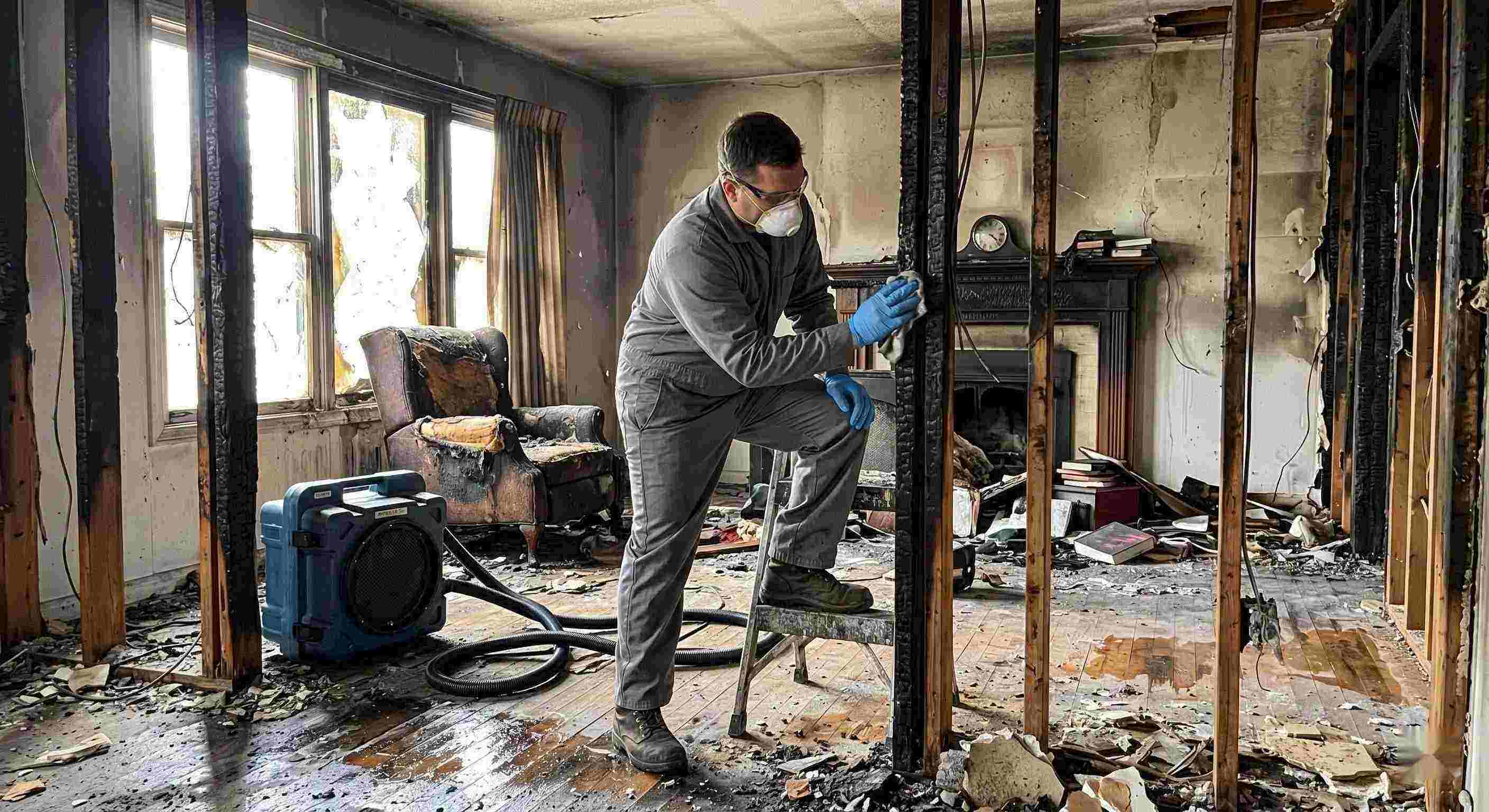 Fire damage structural cleaning after a residential fire in Tucson showing soot-covered beams, charred walls, and a technician restoring the home.