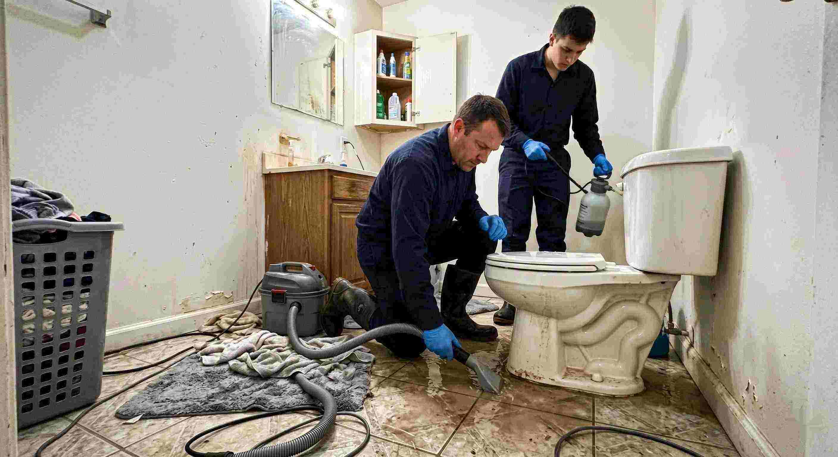 Top-rated toilet overflow cleanup service in Maricopa with technicians extracting contaminated water from bathroom floor
