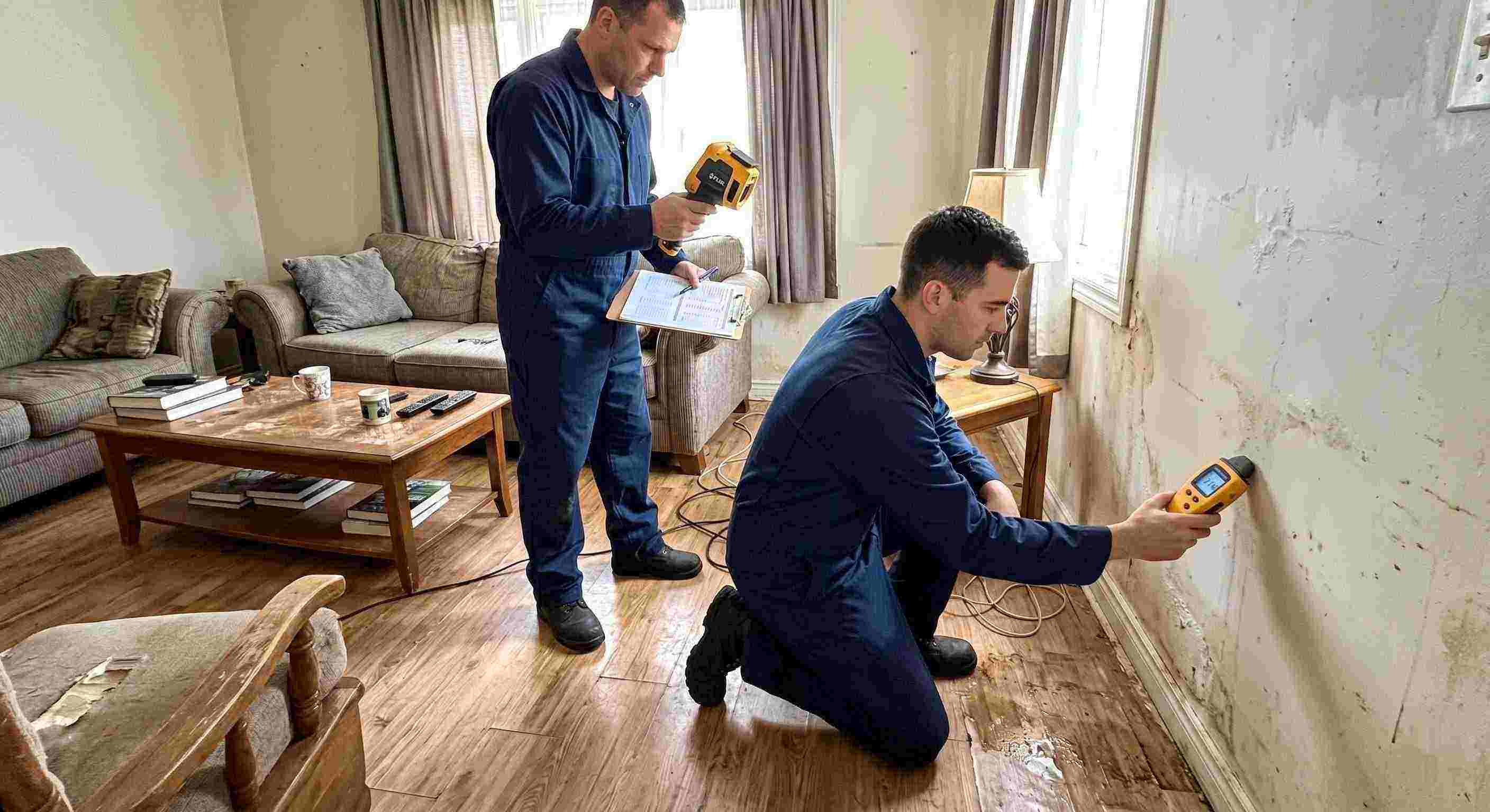 Local water damage inspection technician using moisture meter and thermal imaging in Prescott Valley home