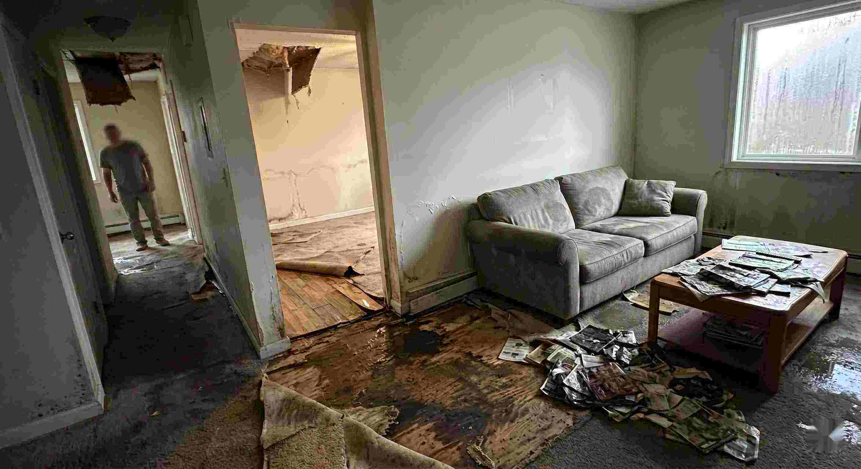 Fast severe indoor water damage in Prescott Valley home with soaked floors, peeling walls, and structural deterioration