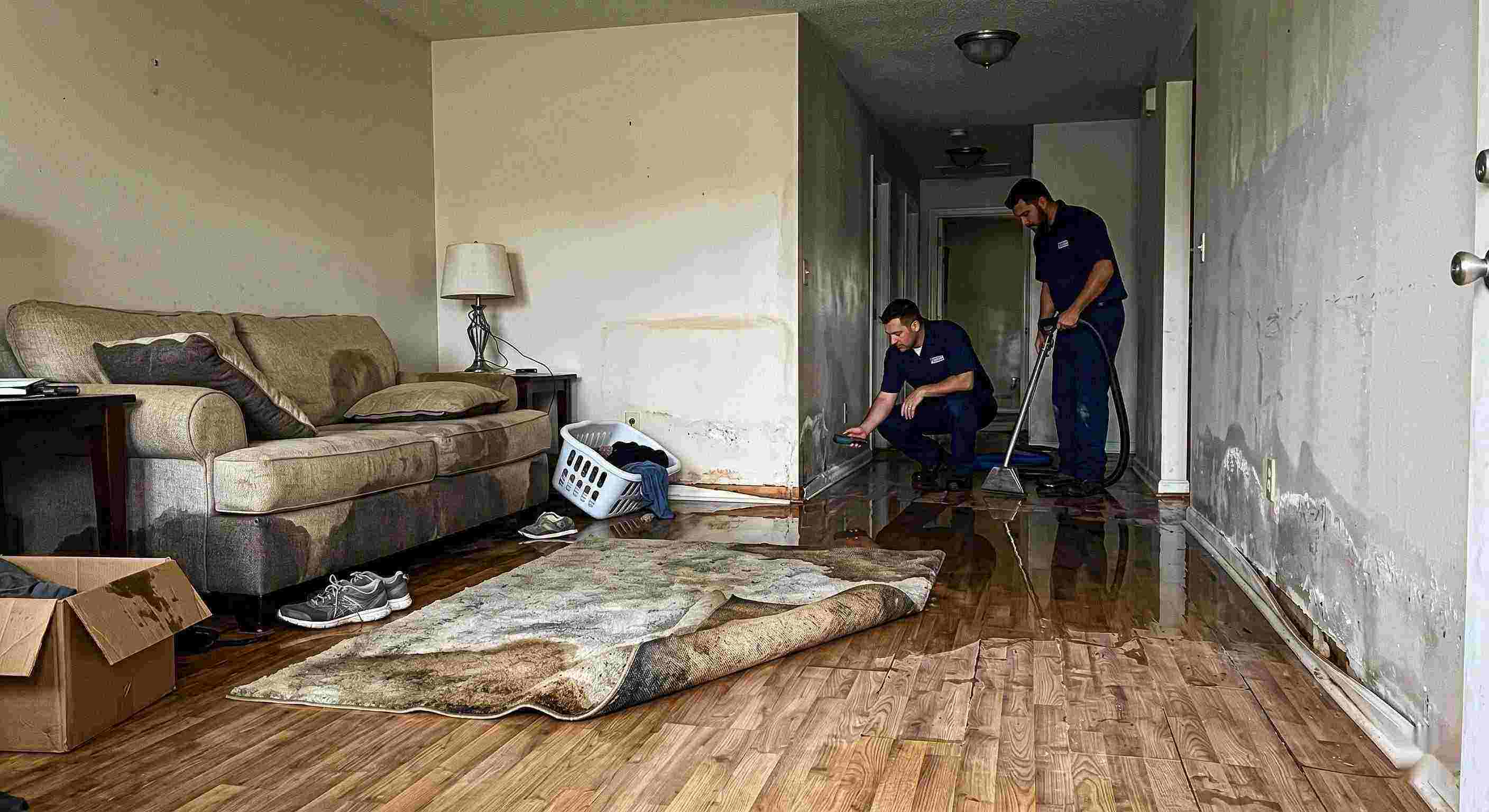 Top-rated water damage spreading across floors and walls inside a home in Maricopa showing soaked flooring and structural impact