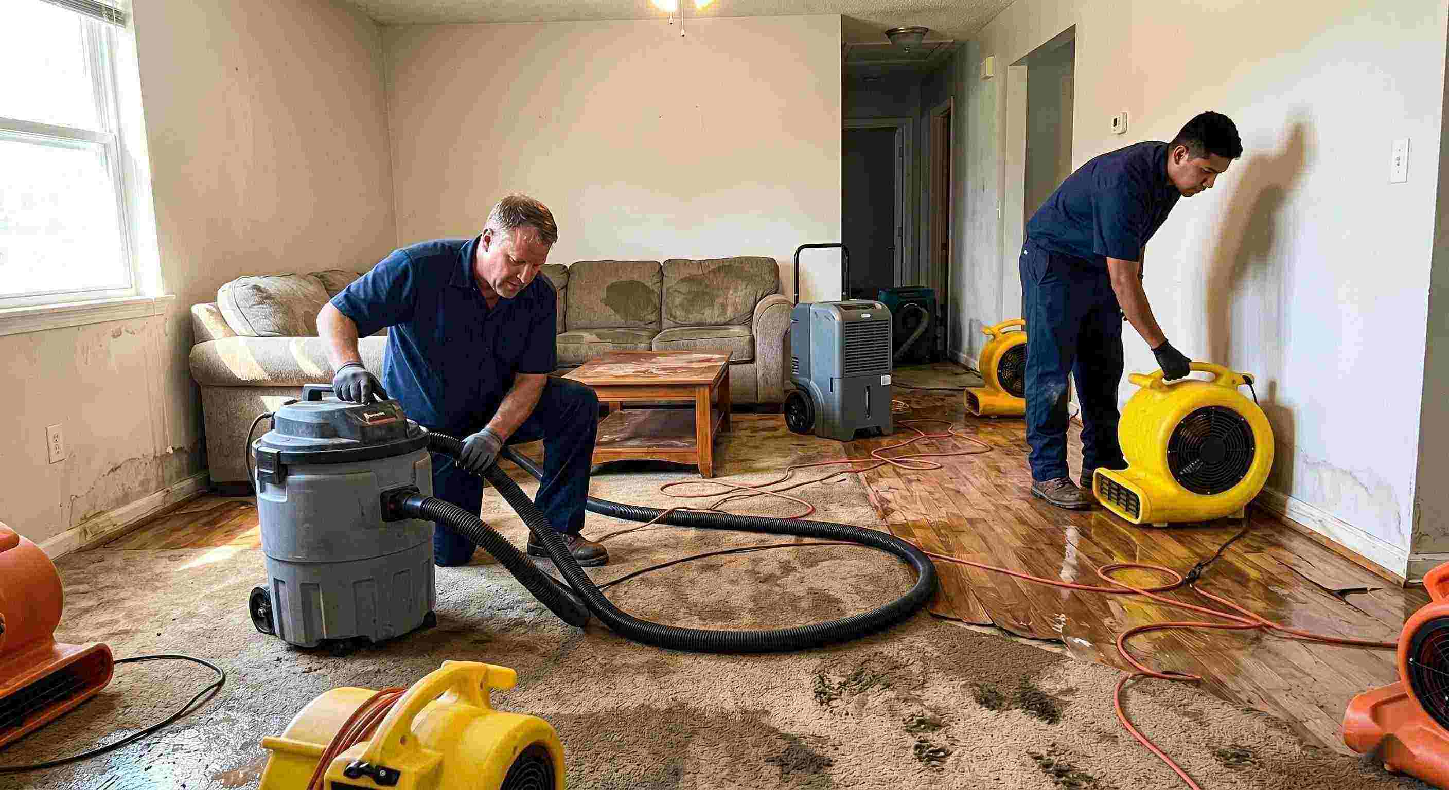 Fast water extraction and drying service in Prescott Valley removing standing water and moisture from flooded home interior