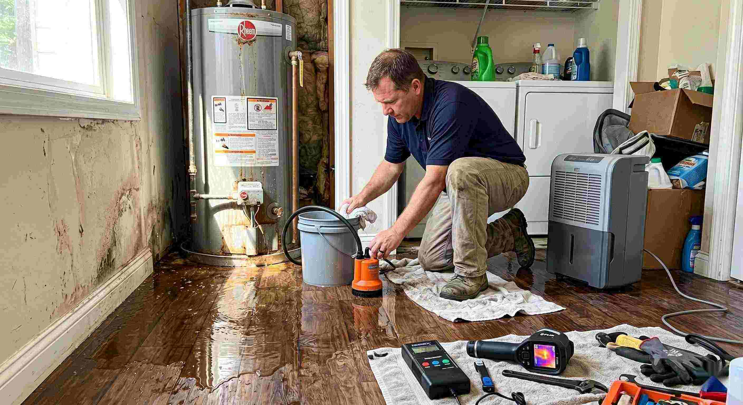 Best technician performing water heater leak damage restoration in a home with water pooled on the floor and visible moisture damage in Maricopa