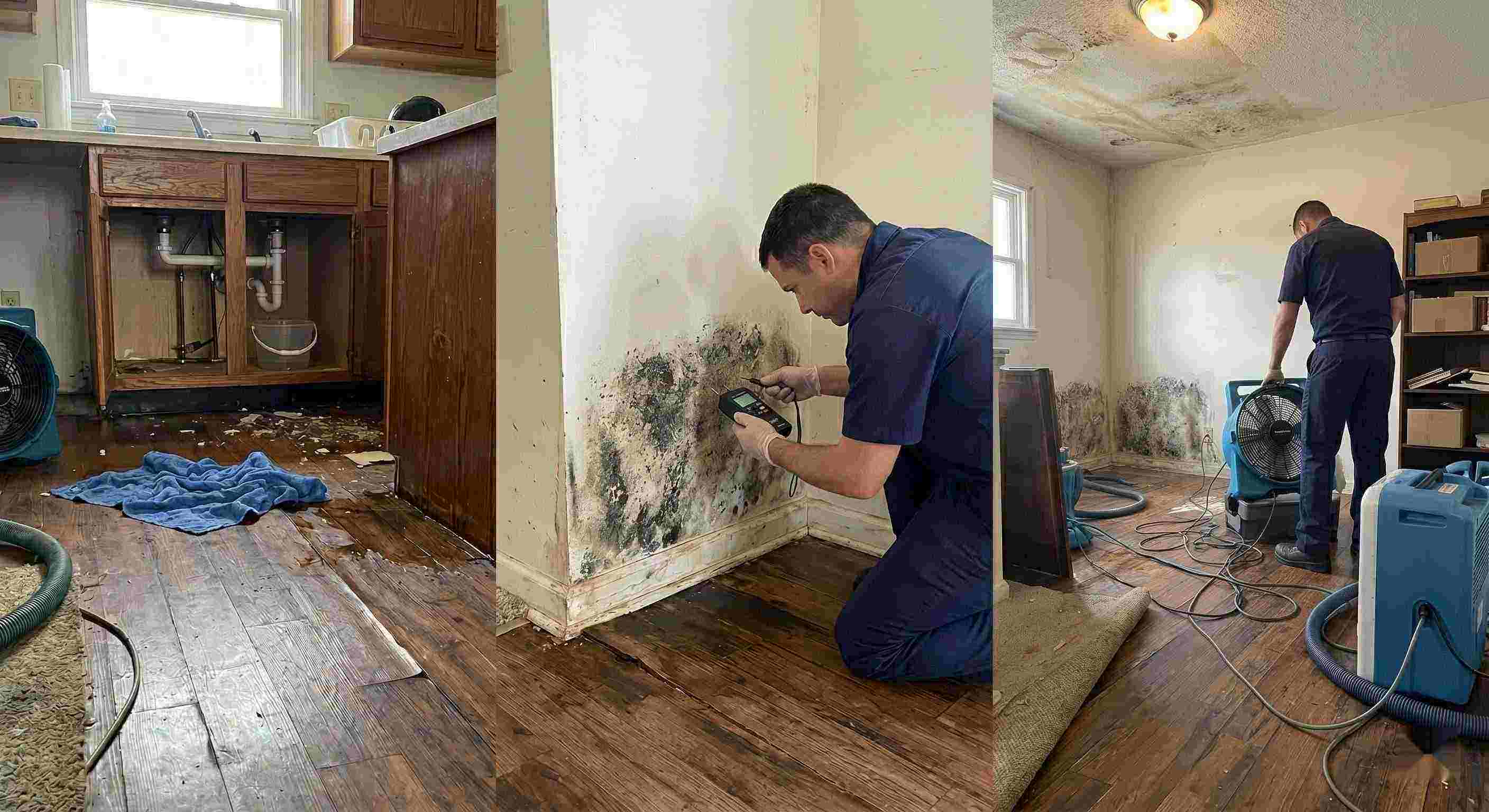 Trusted realistic photo of water leak damage inside a home, showing pooled water, damp flooring, and technicians performing leak damage restoration in Maricopa.