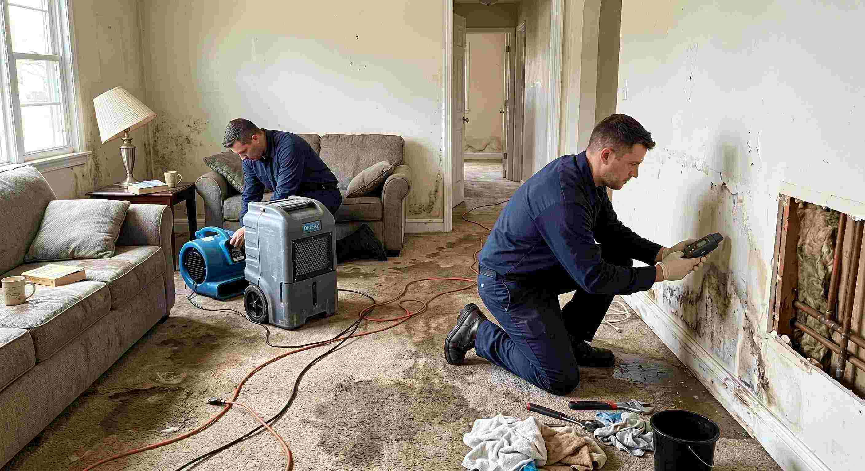 Expert realistic water leak damage repair scene in a residential home showing technicians locating and repairing a hidden pipe leak in Maricopa.