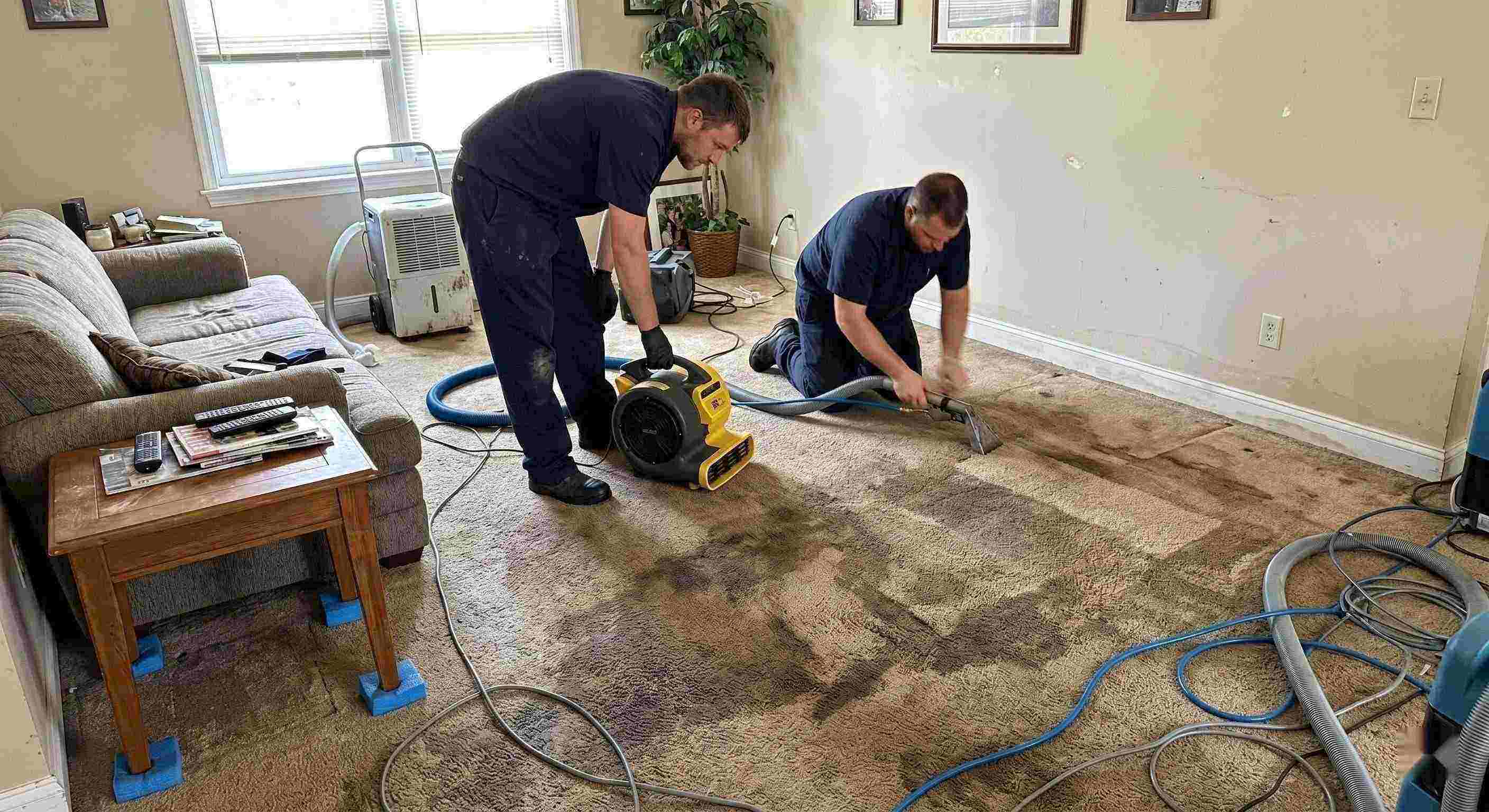Reliable wet carpet cleanup service in Maricopa removing moisture from soaked residential carpet using extraction and drying equipment