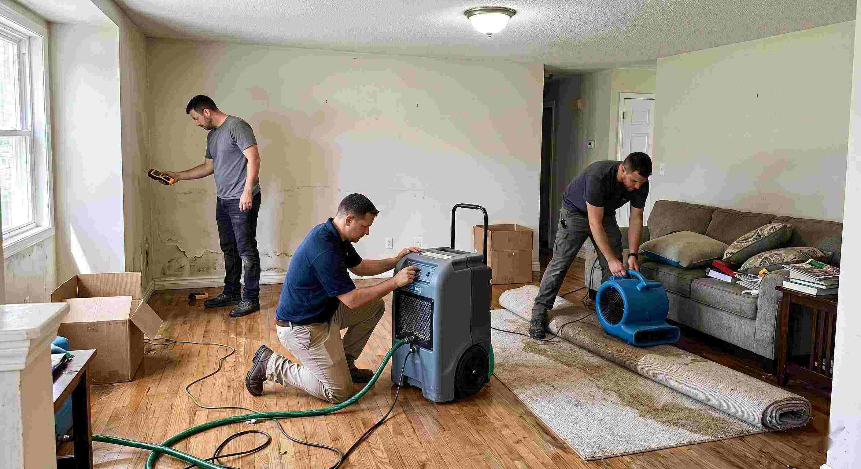 Local flood restoration team working in a water-damaged home, showing equipment and hands-on cleanup process in Yuma