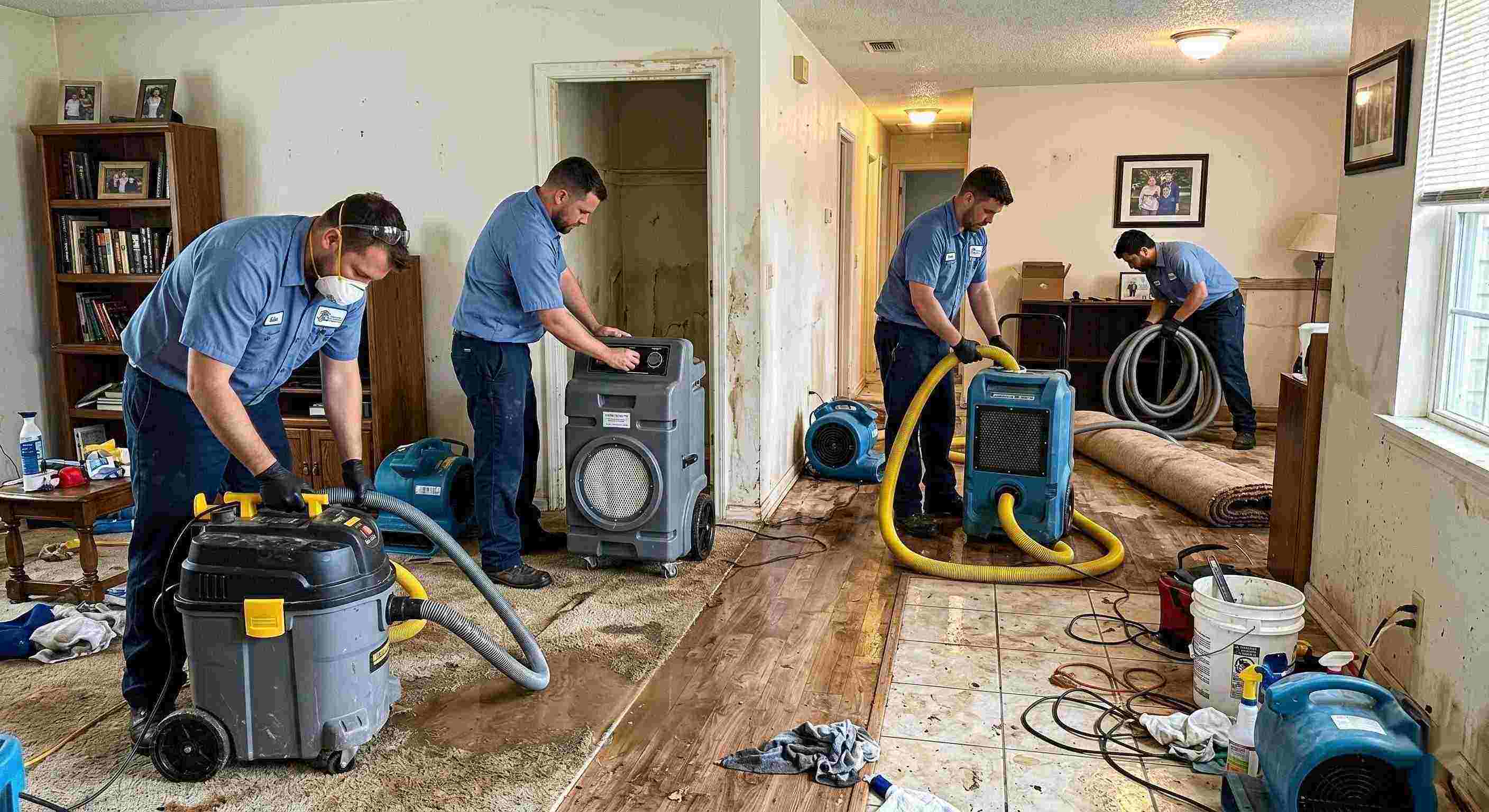 Fast realistic photo of sewage backup cleanup team using professional equipment in a home interior, showing trust, teamwork, and proper restoration techniques in Maricopa.
